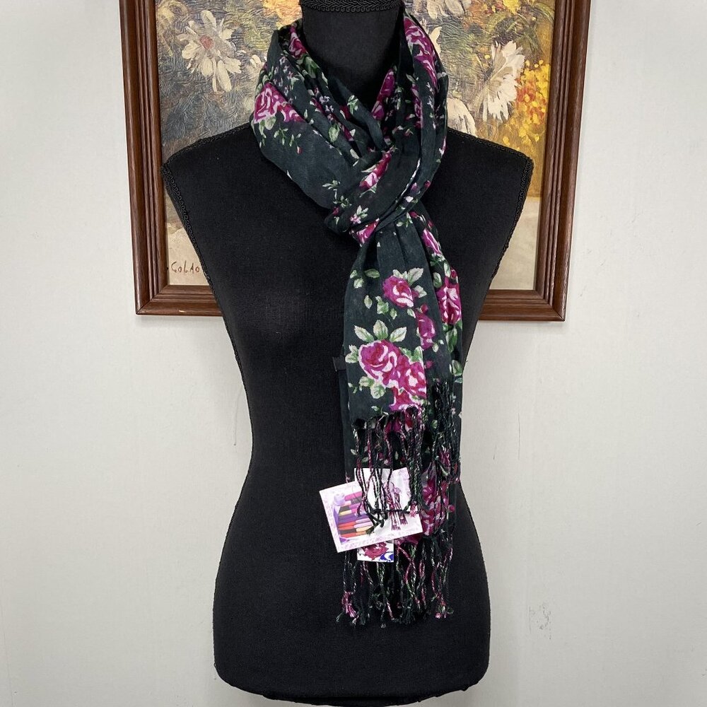 Ultra Pink Scarf Multicolor Floral Tasseled NWT